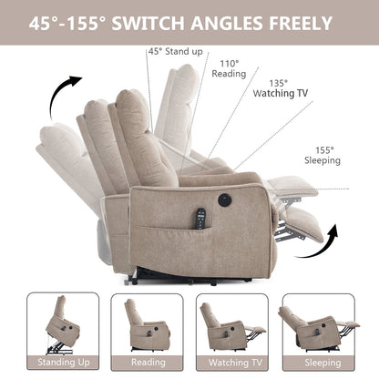 Khaki chenille power lift recliner with massage and heat by HouseOfZazla; multiple positions on Tampa Home & Garden Store