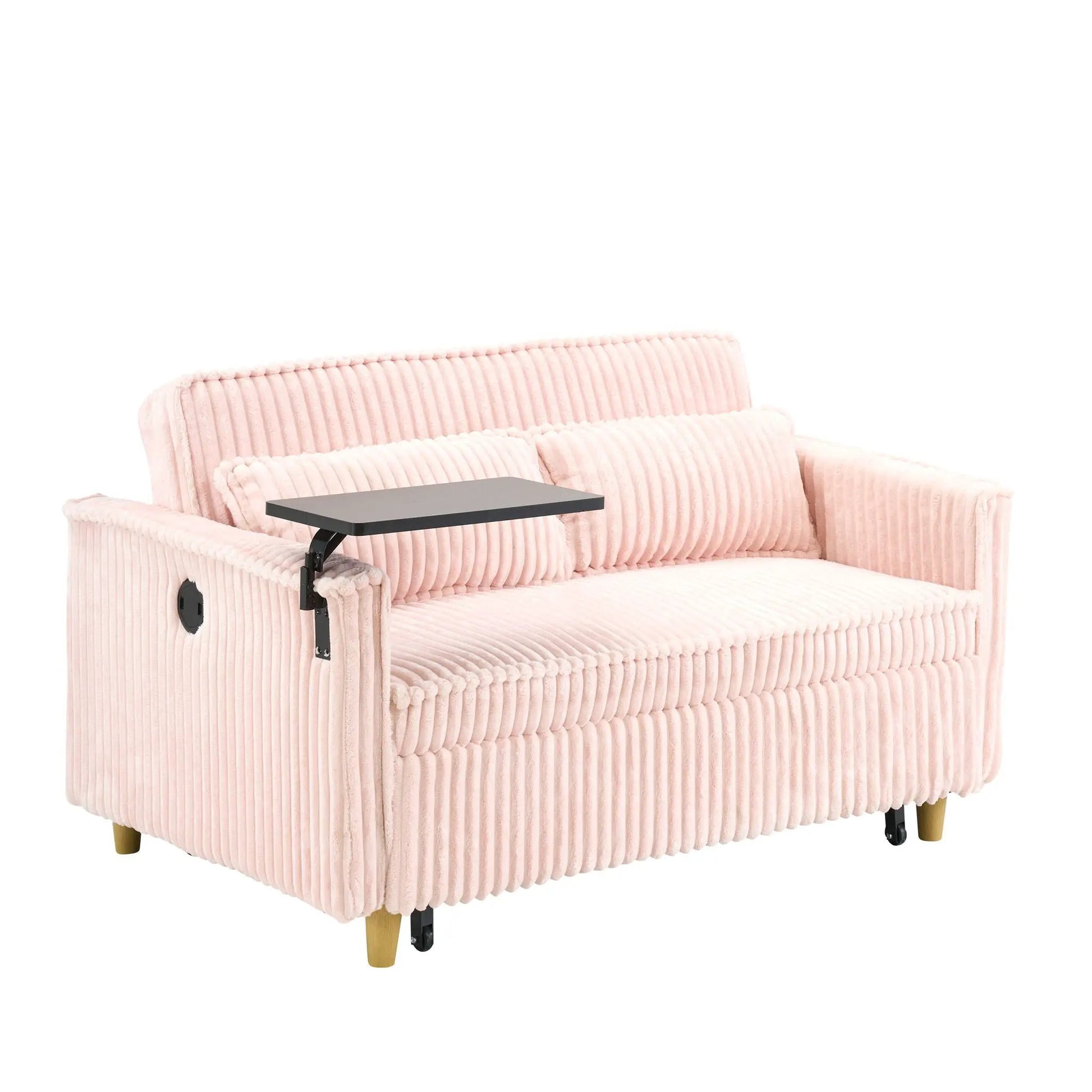 Pull-out sleeper sofa in pink corduroy with movable tabletop by Unique Piece Furniture on Tampa Home & Garden Store
