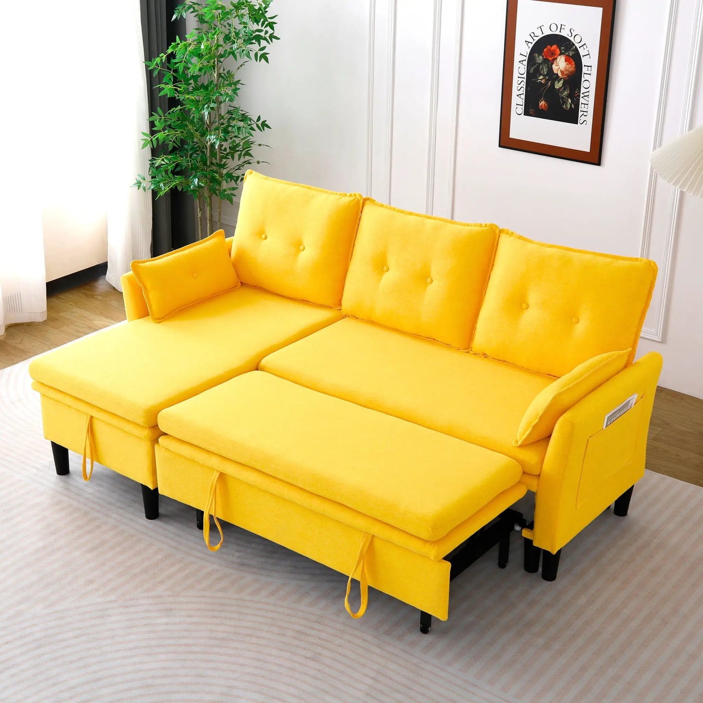 L-shaped reversible chaise sleeper sectional sofa in bright yellow fabric with storage and tufted cushions in a modern living room on Tampa Home & Garden Store