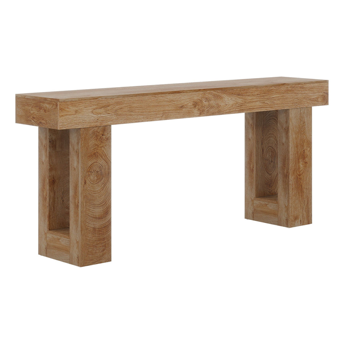 Extra long narrow console table with open storage shelf in oak finish on Tampa Home & Garden Store