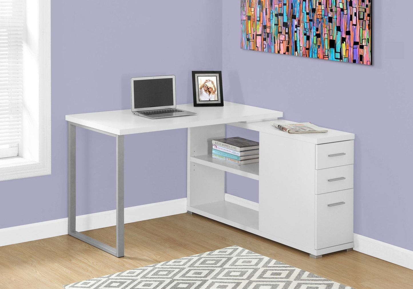 L-Shape desk with storage drawers, white finish, metal legs; includes side cabinet on Tampa Home & Garden Store