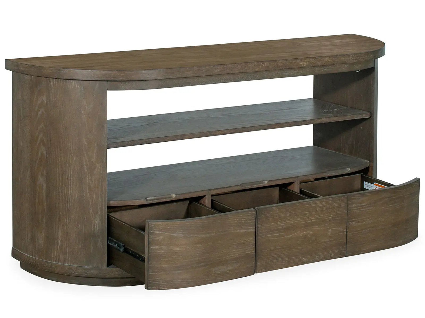 Bosley Demilune Sofa Table Porpoise with curved front, shelves, and cubby storage on Tampa Home & Garden Store