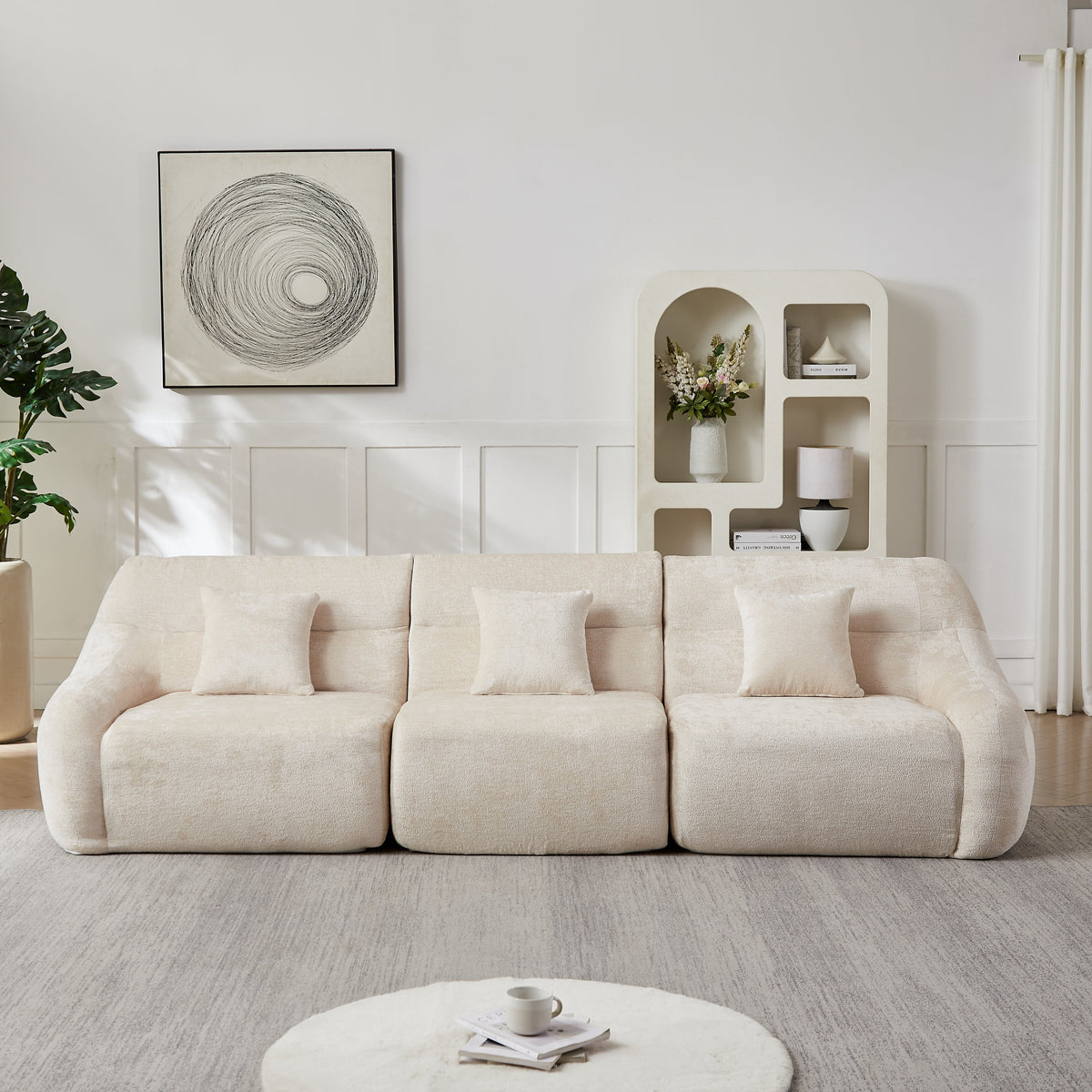 123.2-Inch Modern Luxury Curved Corner Sectional Sofa beige fabric with plush cushions on Tampa Home & Garden Store