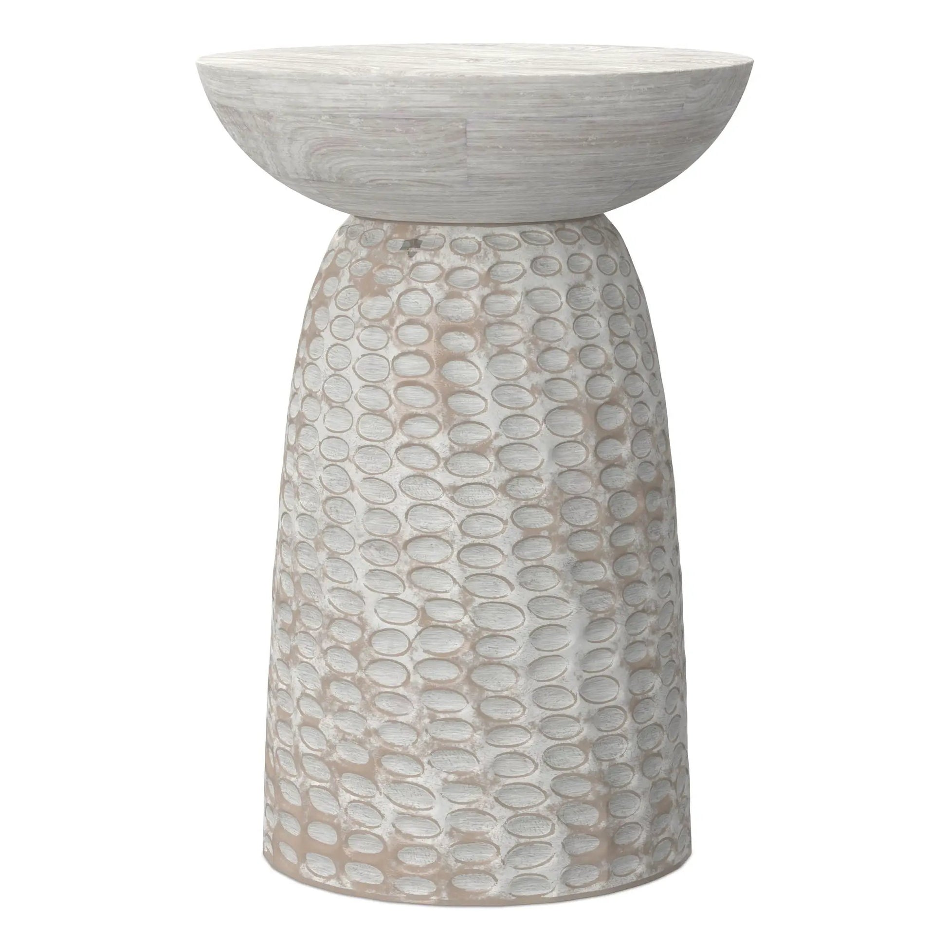 Boyd Handcrafted Accent Table with round whitewashed top and textured dotted base on Tampa Home & Garden Store