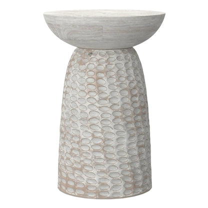 Boyd Handcrafted Accent Table with round whitewashed top and textured dotted base on Tampa Home & Garden Store