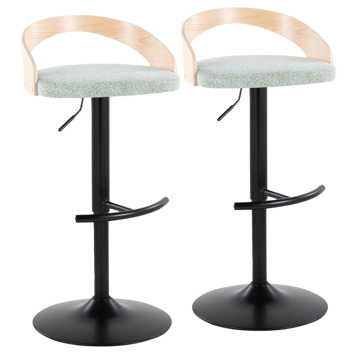 Pair of adjustable swivel barstools with blue-gray cushions and natural light wood curved arms on Tampa Home & Garden Store