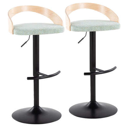 Pair of adjustable swivel barstools with blue-gray cushions and natural light wood curved arms on Tampa Home & Garden Store