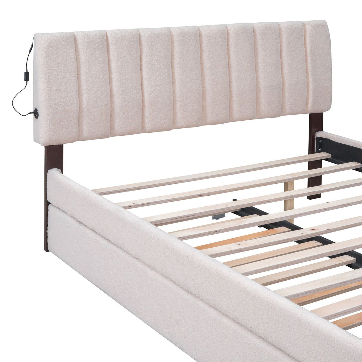 Upholstered platform bed with trundle, beige fabric tufted headboard on Tampa Home & Garden Store