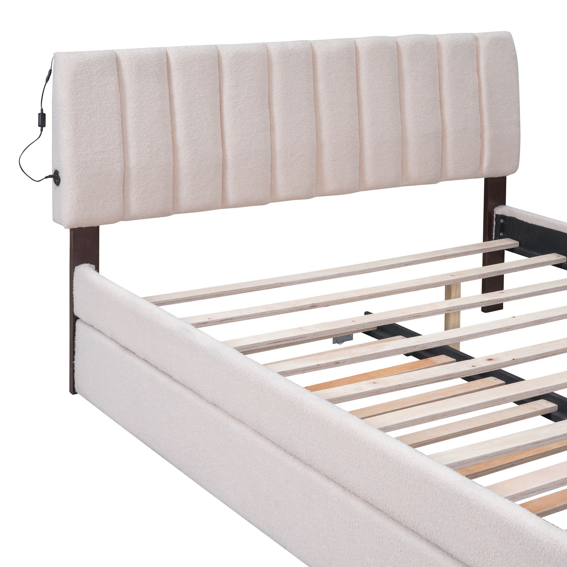 Upholstered platform bed with trundle, beige fabric tufted headboard on Tampa Home & Garden Store