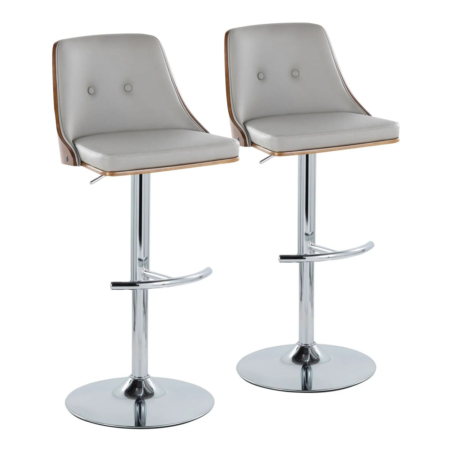Gianna adjustable swivel barstool pair in gray with wood trim chrome bases on Tampa Home & Garden Store