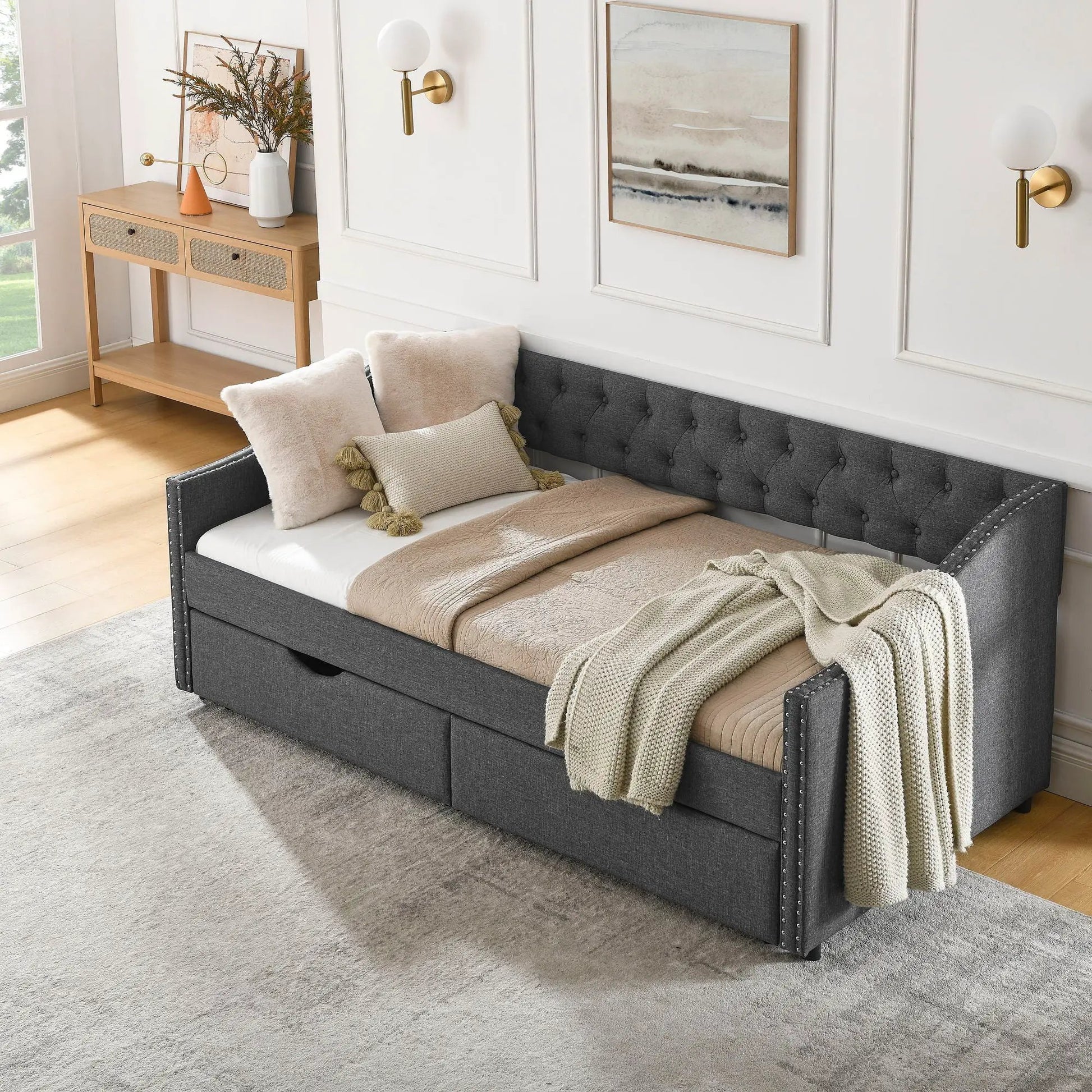 Upholstered tufted daybed with 2 drawers, dark gray fabric, waved arms Unique Piece Furniture on Tampa Home & Garden Store