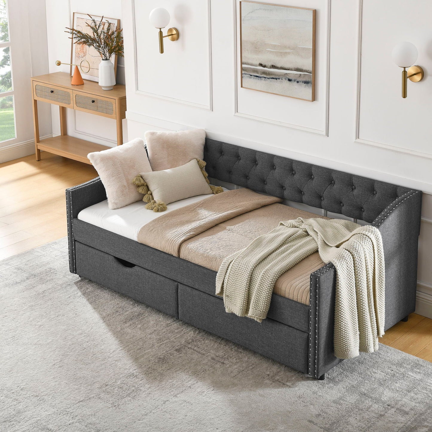 Upholstered Tufted Daybed with Storage Drawers