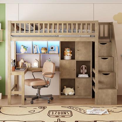 Loft bed by HouseOfZazla with L-shaped desk, LED lights, storage shelves, staircase in wood on Tampa Home & Garden Store
