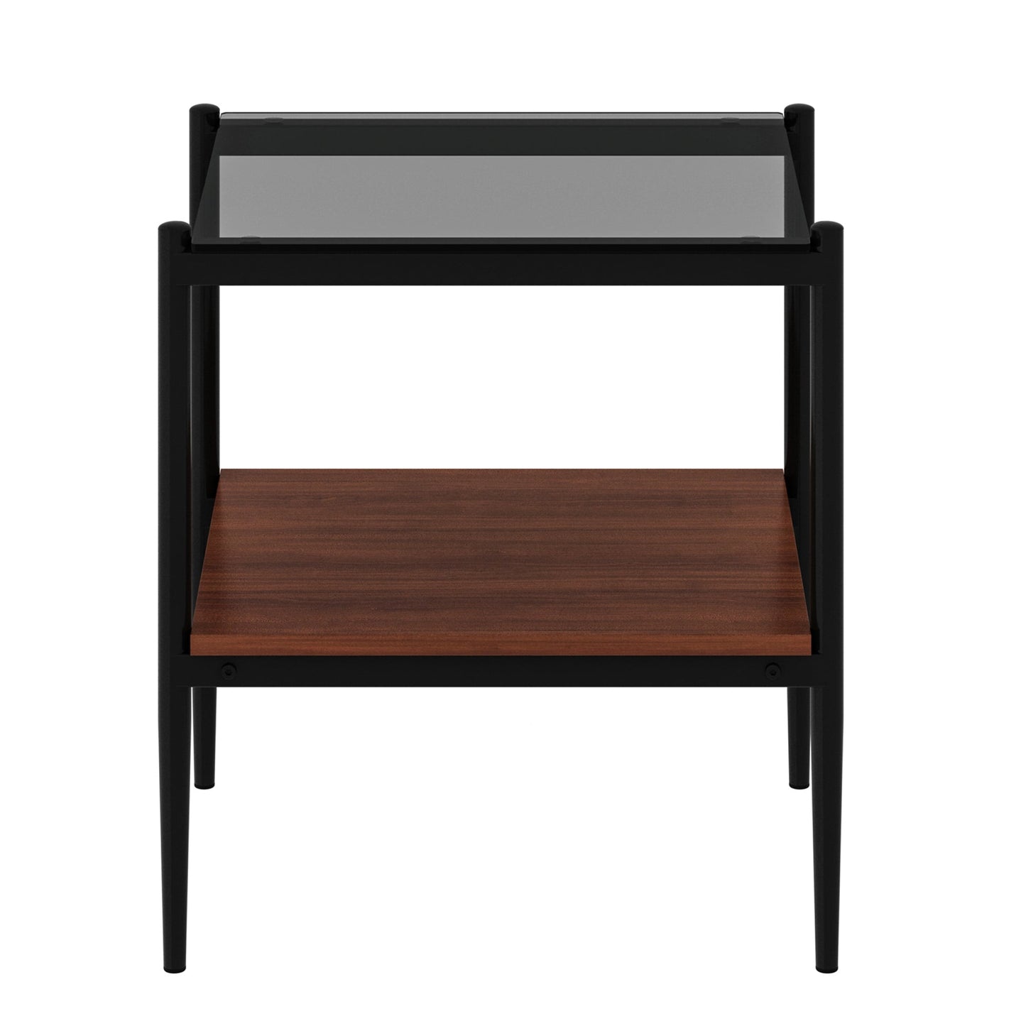 Set of 2 rectangle end tables with black metal frame, gray glass top, and warm wood lower shelf on Tampa Home & Garden Store