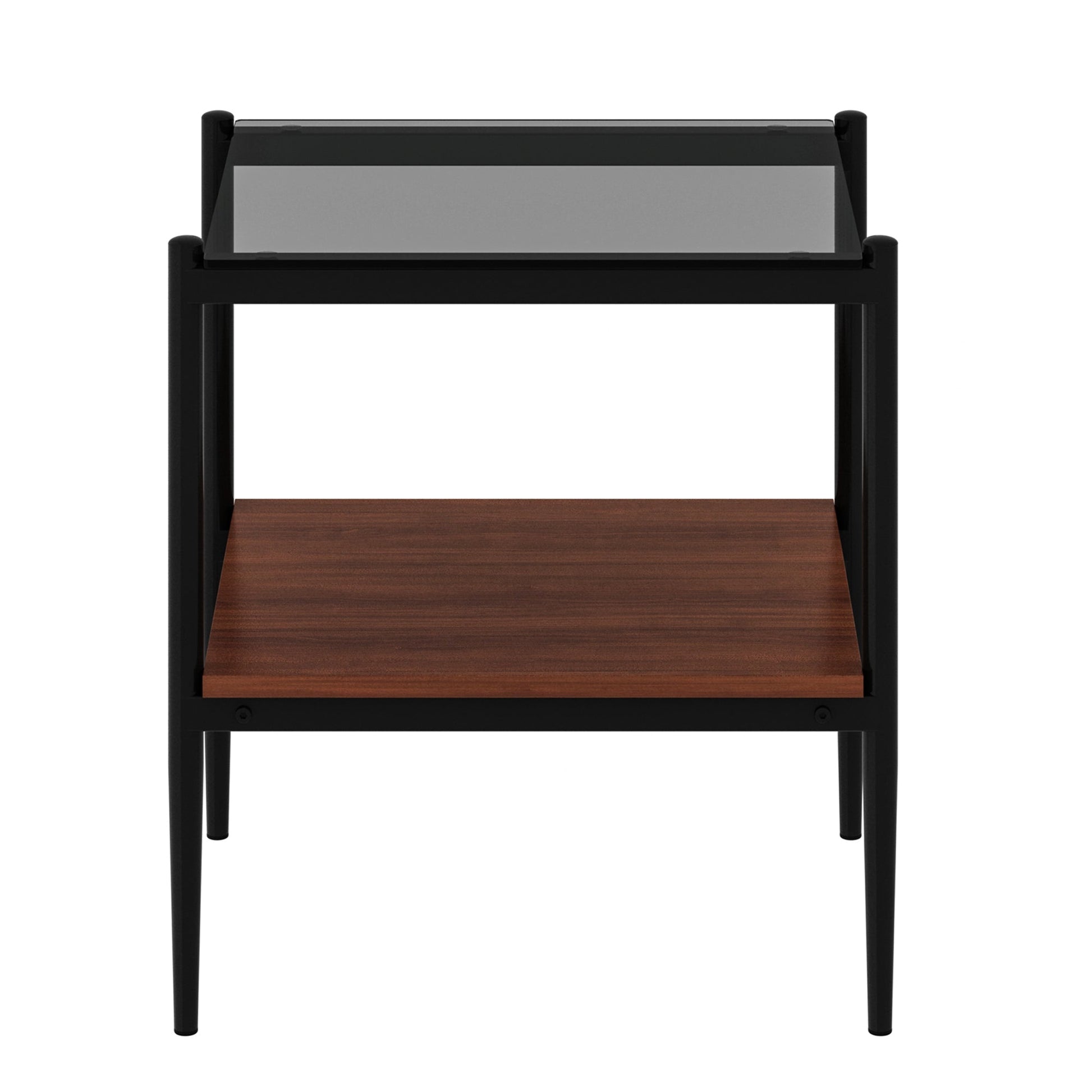 Set of 2 rectangle end tables with black metal frame, gray glass top, and warm wood lower shelf on Tampa Home & Garden Store