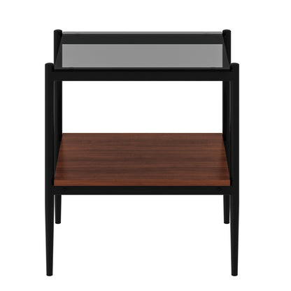 Set of 2 rectangle end tables with black metal frame, gray glass top, and warm wood lower shelf on Tampa Home & Garden Store