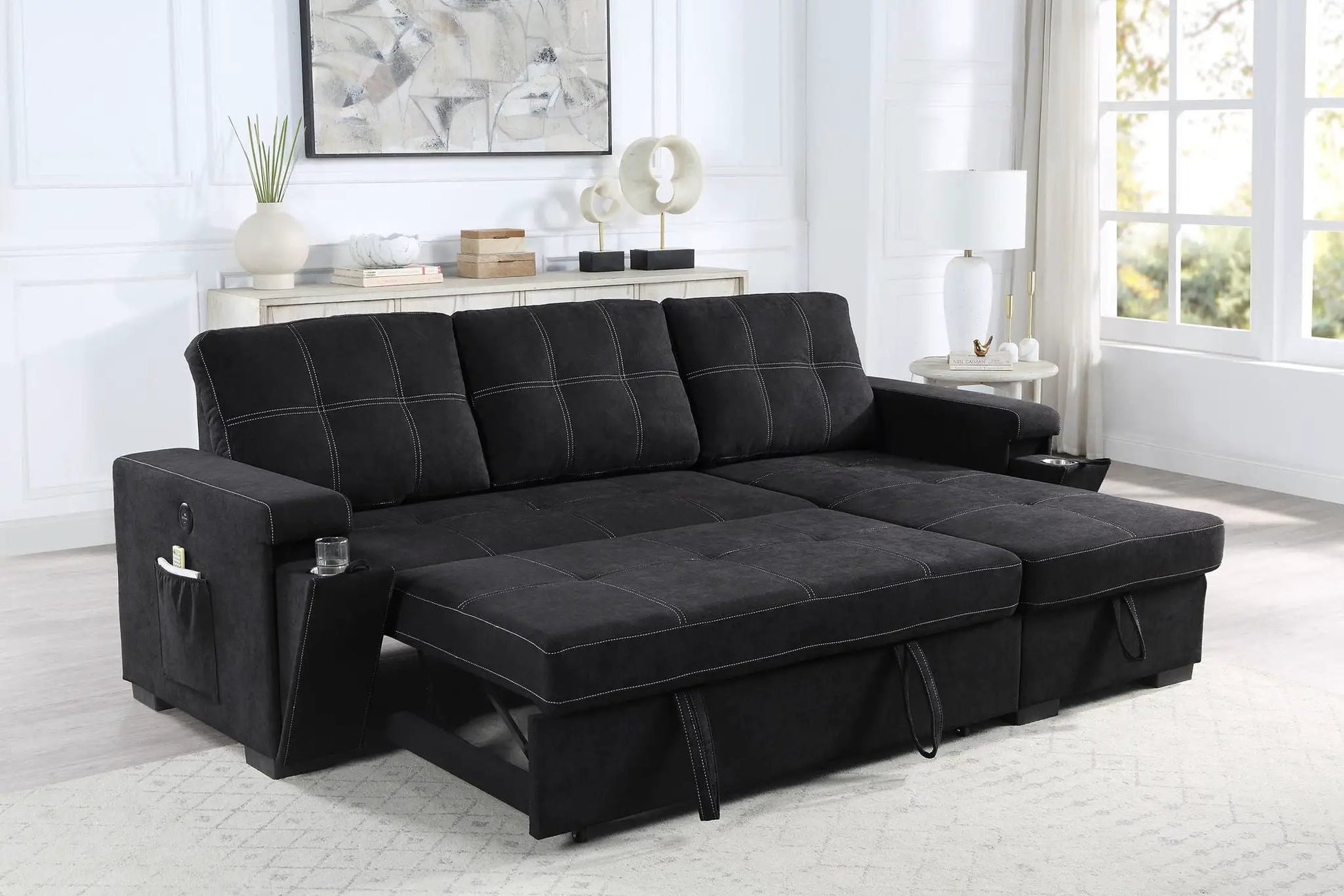 Toby reversible sleeper sectional sofa in charcoal fabric with storage chaise and cup holders on Tampa Home & Garden Store
