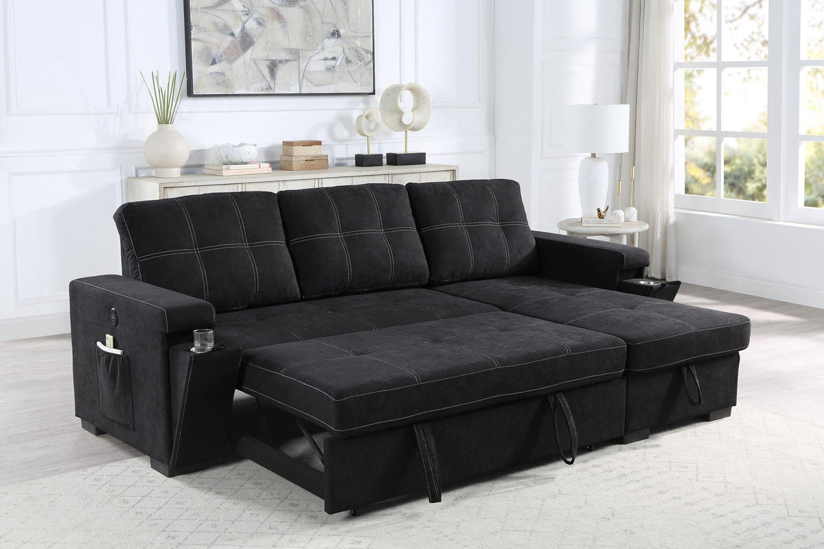 Toby black woven fabric reversible sleeper sectional with storage chaise and cup holder on Tampa Home & Garden Store