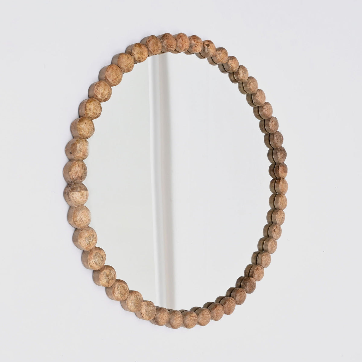 Decorative round hanging wall mirror with natural wood bead frame on Tampa Home & Garden Store