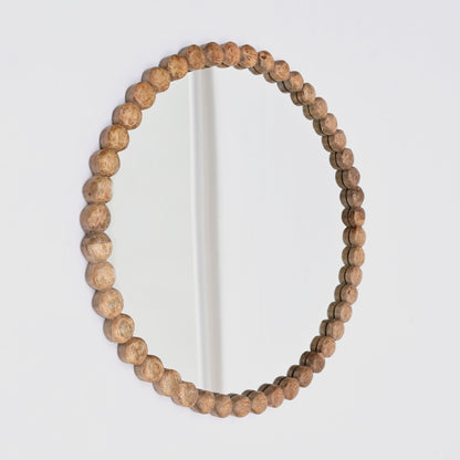 Decorative round hanging wall mirror with natural wood bead frame on Tampa Home & Garden Store