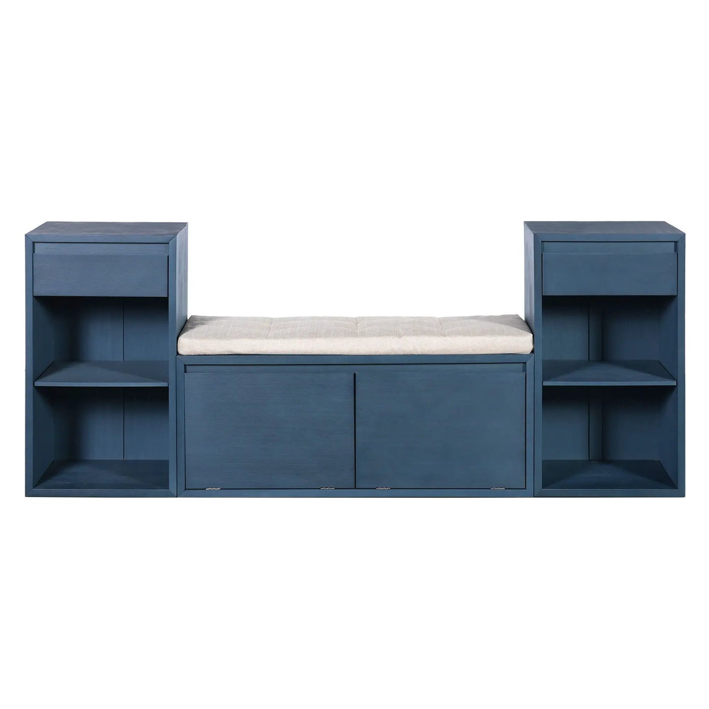 Entryway storage bench with cushion, drawers & open shelves in blue wood on Tampa Home & Garden Store