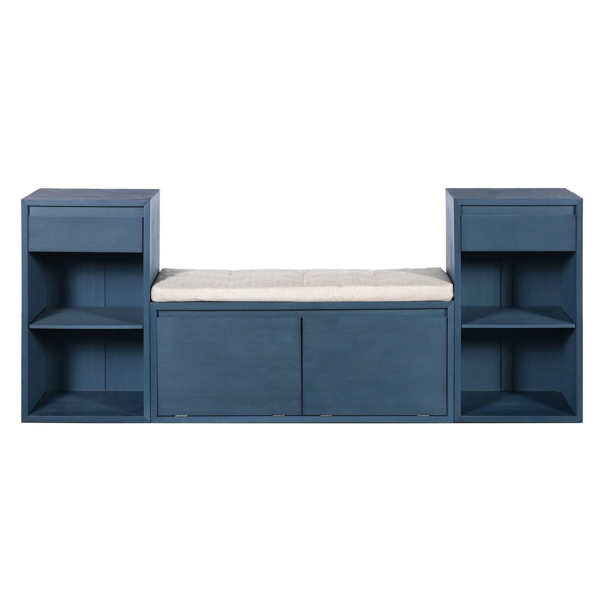 Entryway storage bench with cushion, drawers & open shelves in blue wood on Tampa Home & Garden Store