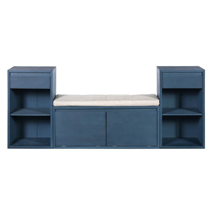 Entryway storage bench with cushion, drawers & open shelves in blue wood on Tampa Home & Garden Store