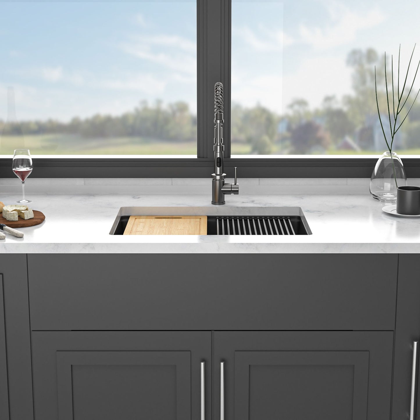 Quartz kitchen sink workstation undermount in dark granite composite with pull-down faucet on Tampa Home & Garden Store