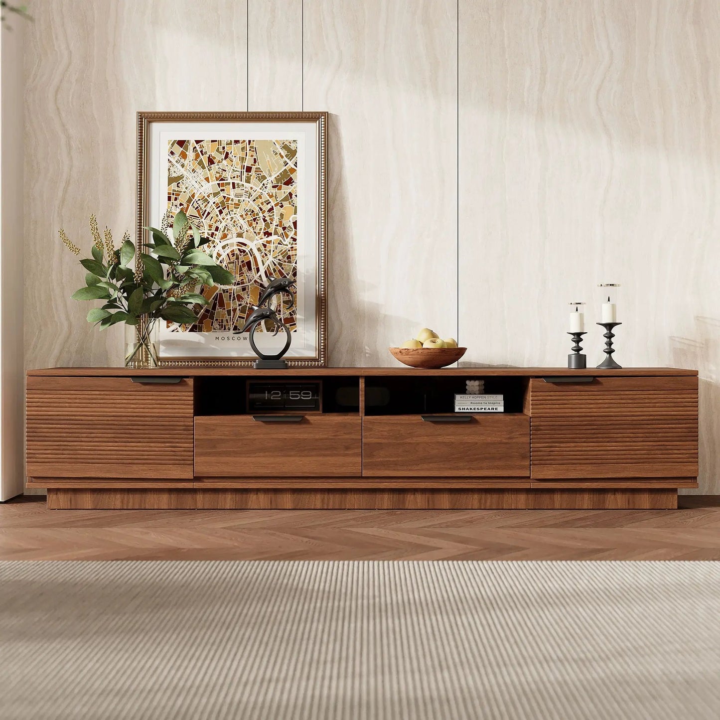 TV Stand, Entertainment Center in walnut wood with deep drawers and cable management on Tampa Home & Garden Store