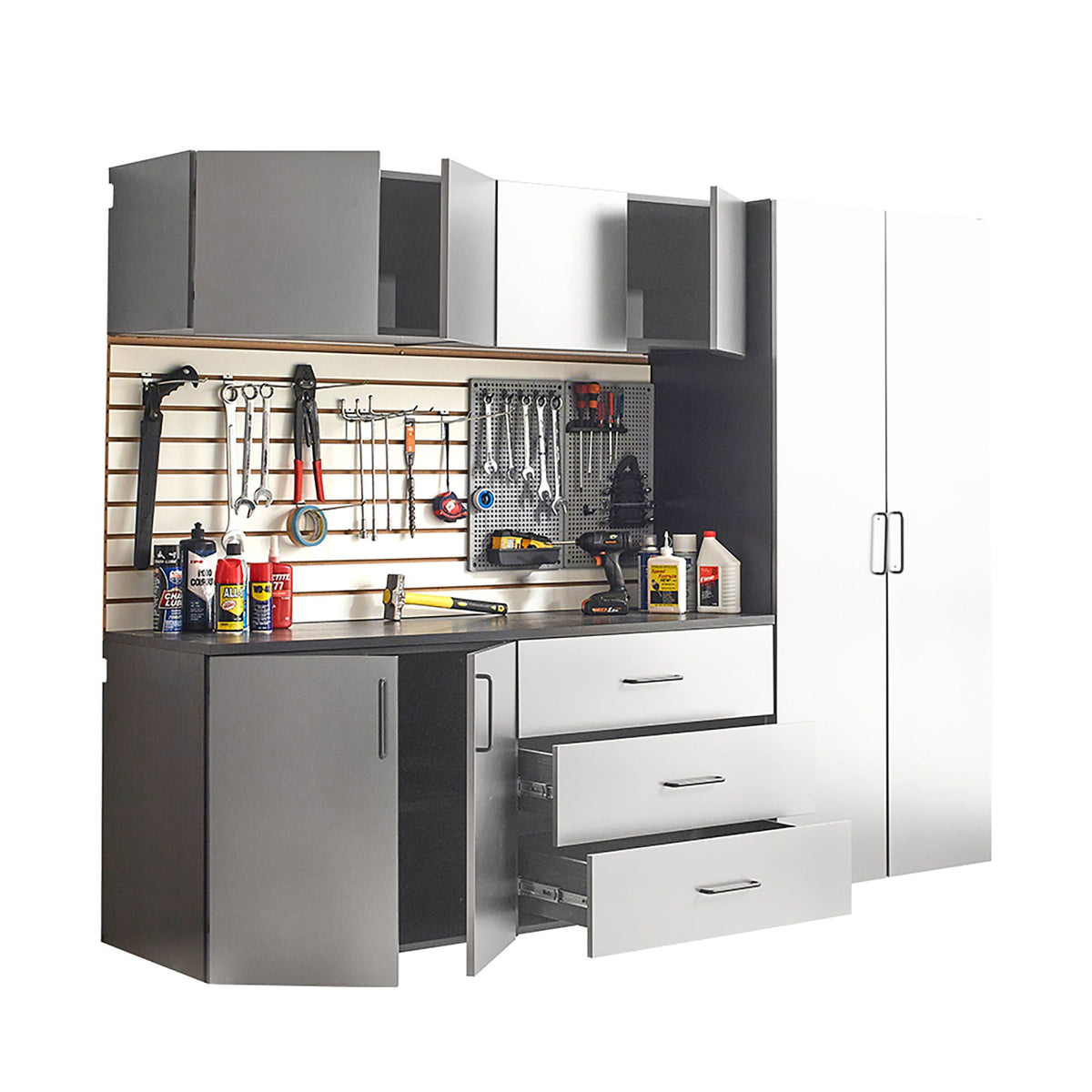 Garage storage cabinet set by HouseOfZazla in metallic gray with soft closing drawers on Tampa Home & Garden Store