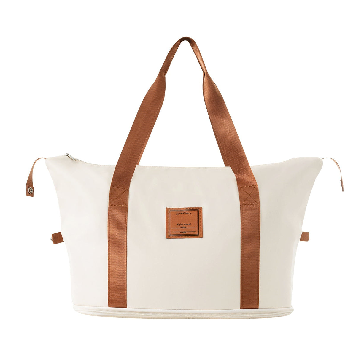 HouseOfZazla white tote bag with brown canvas straps and front patch label on Tampa Home & Garden Store