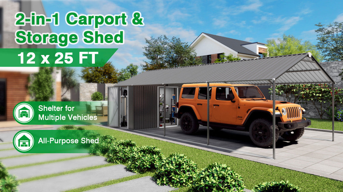 12x25 ft galvanized steel carport with shed by HouseOfZazla, gray metal vehicle shelter on Tampa Home & Garden Store
