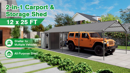 12x25 ft galvanized steel carport with shed by HouseOfZazla, gray metal vehicle shelter on Tampa Home & Garden Store