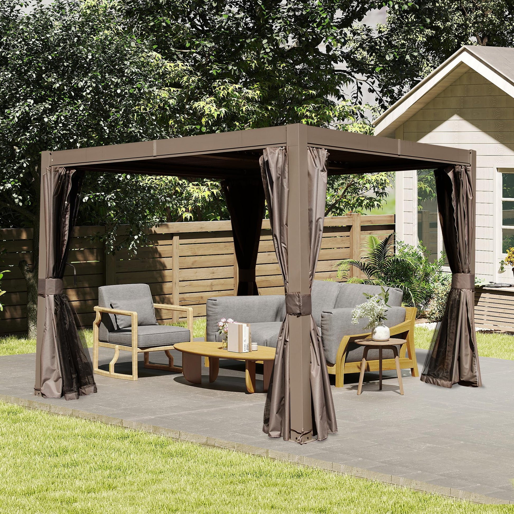 10x10 ft outdoor louvered pergola brown with adjustable louvers over a cozy patio seating area on Tampa Home & Garden Store