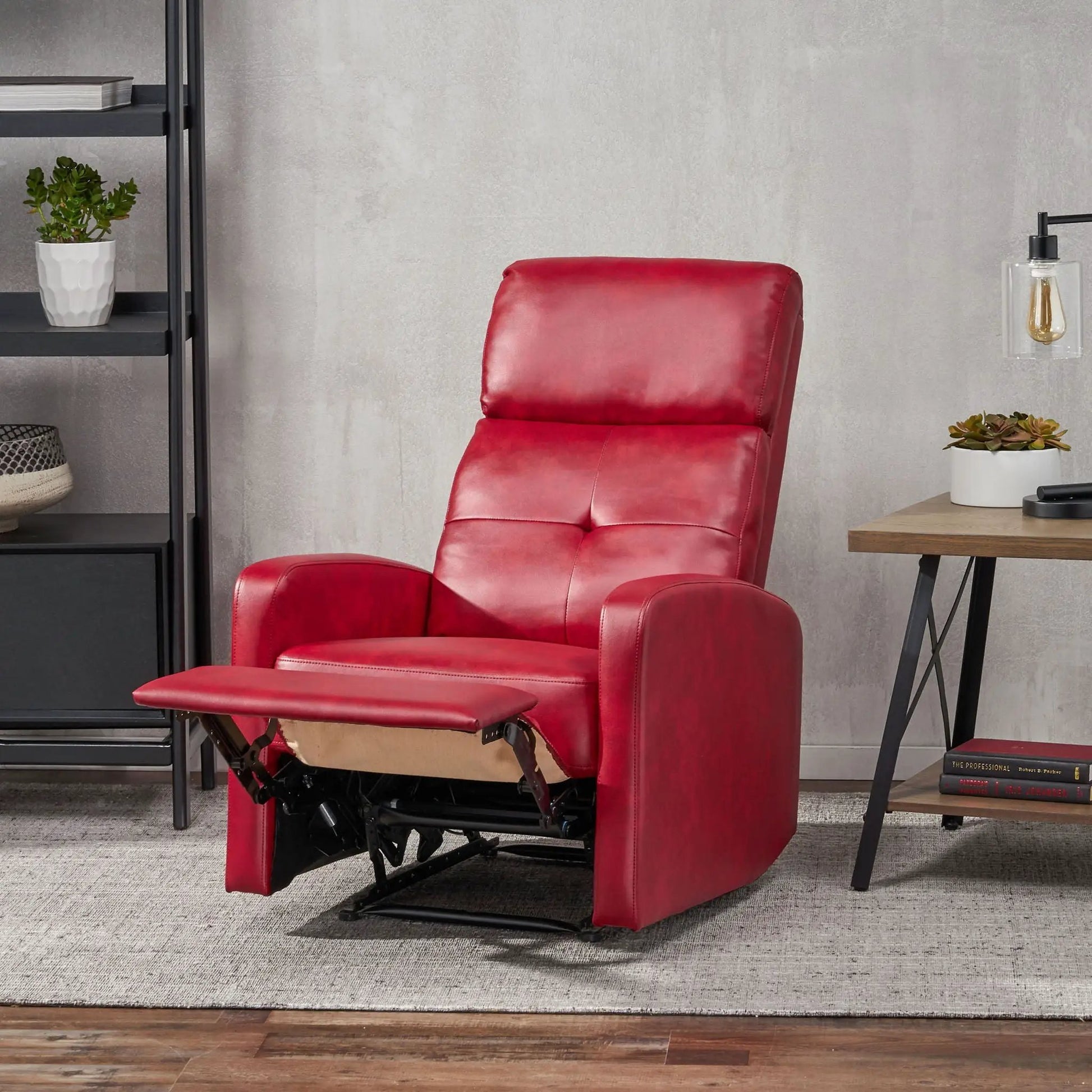 Red leather contemporary recliner with push-back footrest by Unique Piece Furniture on Tampa Home & Garden Store