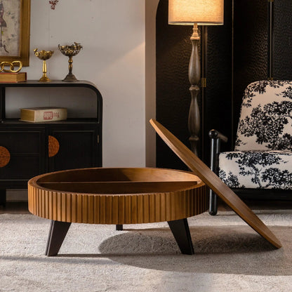 Round Retro Coffee Table with Solid Wood Legs