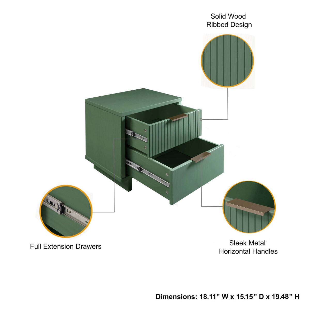 Granville nightstand green solid-wood with ribbed front, 2 drawers by HouseOfZazla on Tampa Home & Garden Store