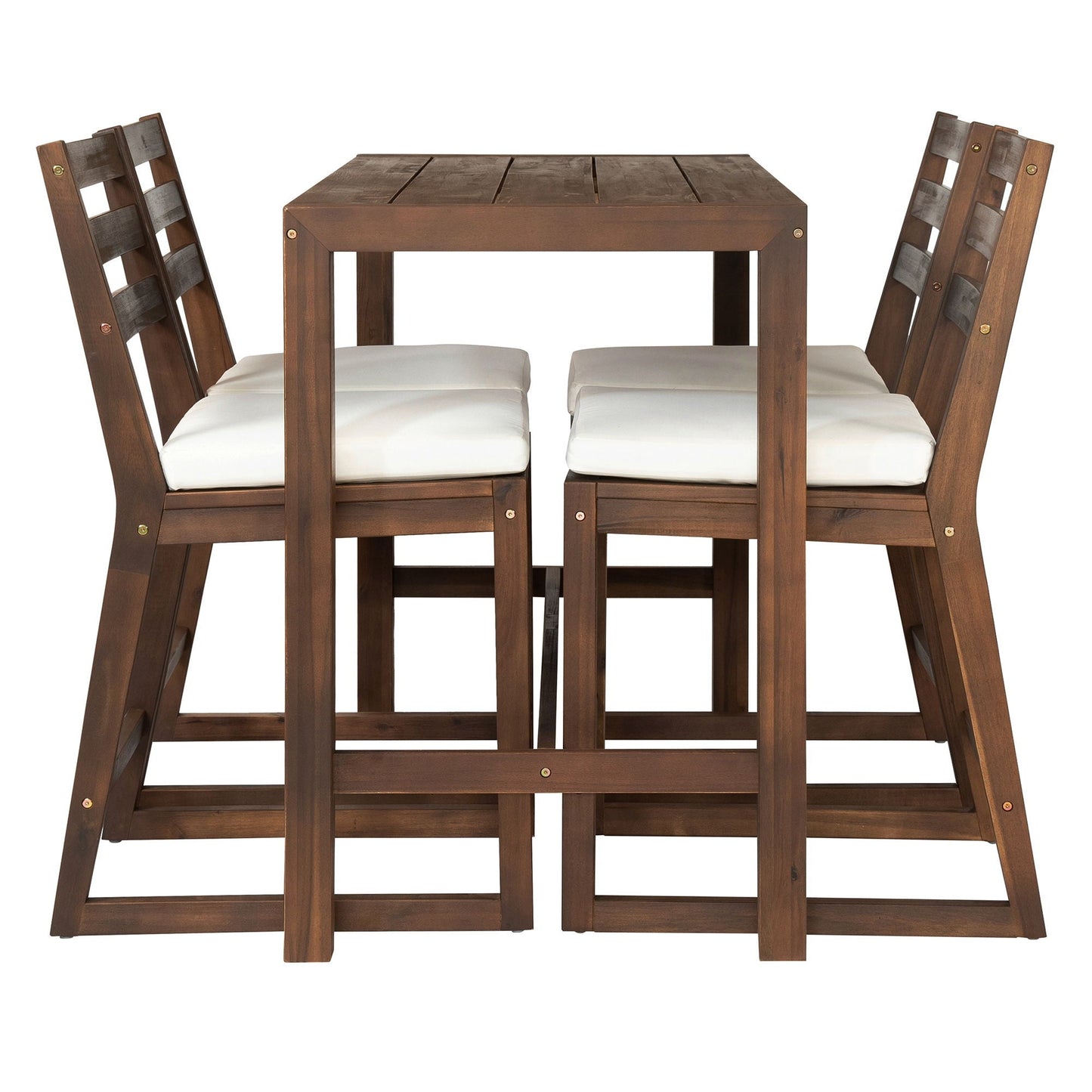 Patio bar set with ergonomic chairs in brown wood and white cushions, 5-piece outdoor furniture on Tampa Home & Garden Store