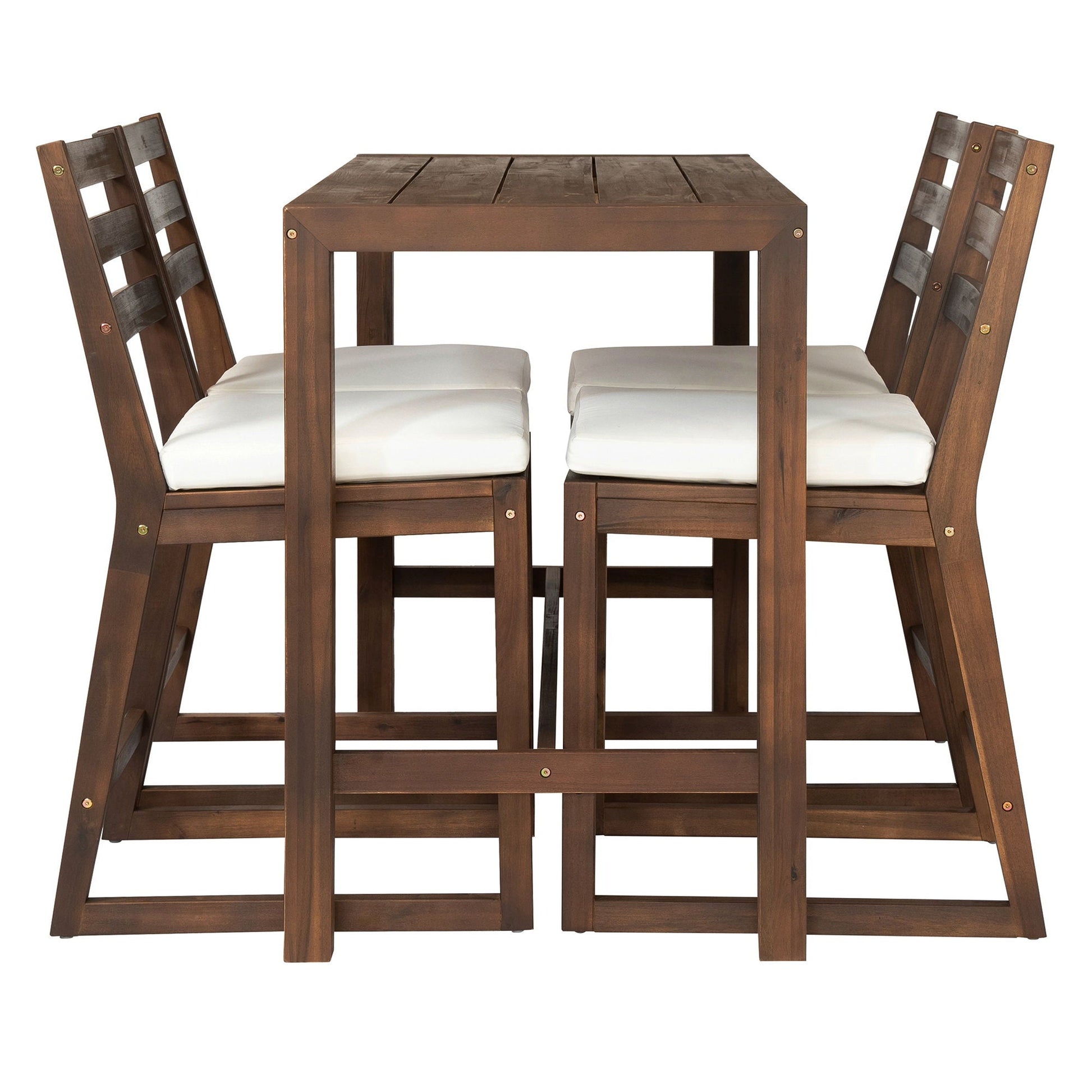 Patio bar set with ergonomic chairs in brown wood and white cushions, 5-piece outdoor furniture on Tampa Home & Garden Store