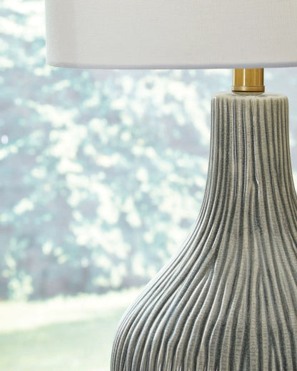 Judlen ceramic table lamp gray/gold finish with ribbed gray ceramic base and white fabric shade on Tampa Home & Garden Store