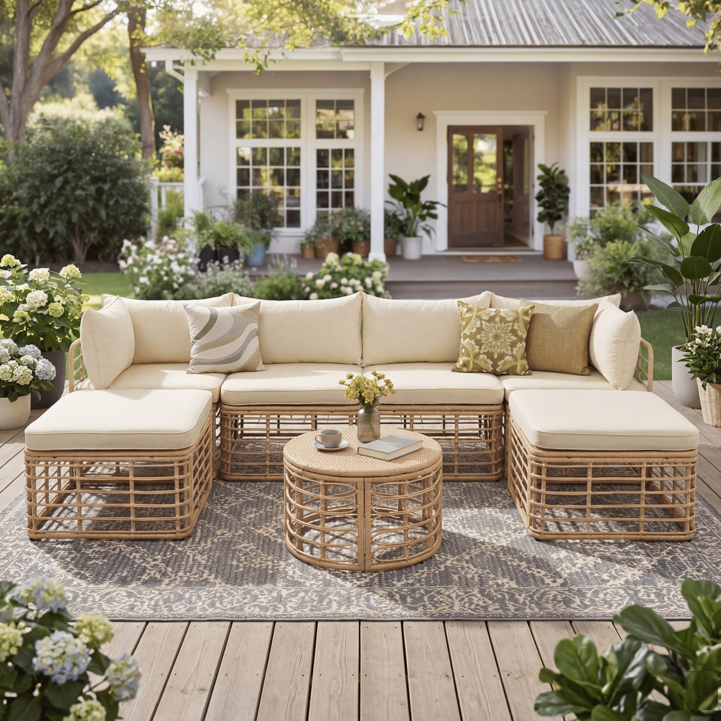 7-piece all-weather rattan outdoor furniture set with thick beige cushions, brown wicker on Tampa Home & Garden Store