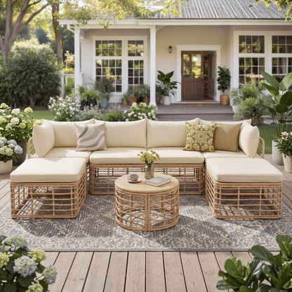 7-piece all-weather rattan outdoor furniture set with thick beige cushions, brown wicker on Tampa Home & Garden Store