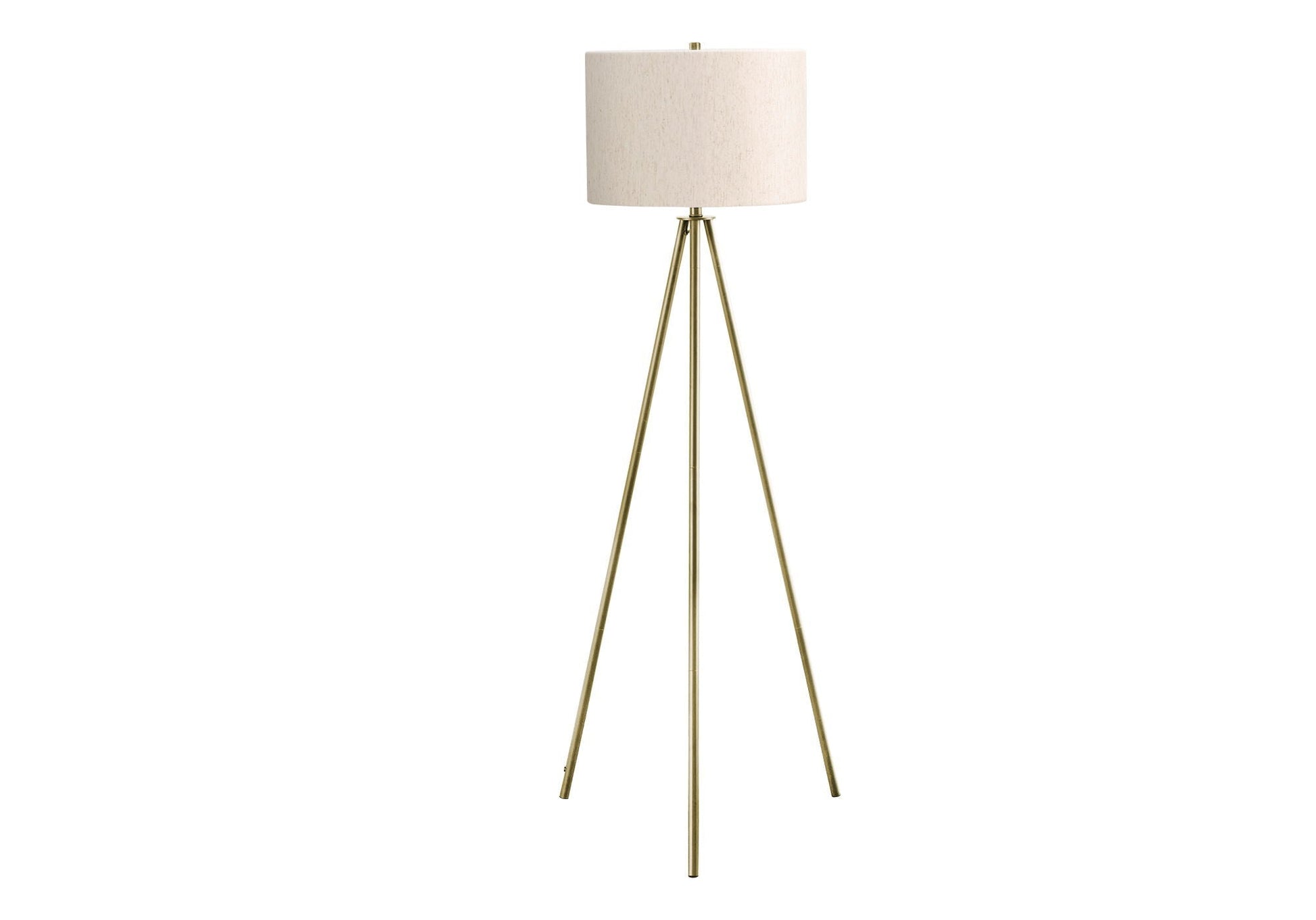Floor lamp contemporary by HouseOfZazla with brass tripod legs and beige drum shade on Tampa Home & Garden Store