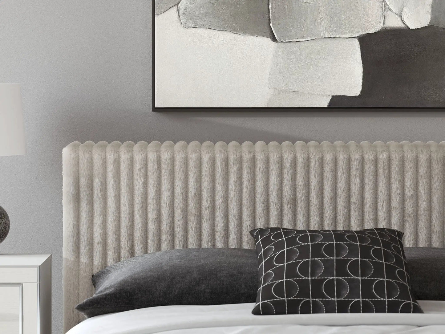 Zuraleus upholstered bed gray fabric with fur throw and black pillows on Tampa Home & Garden Store