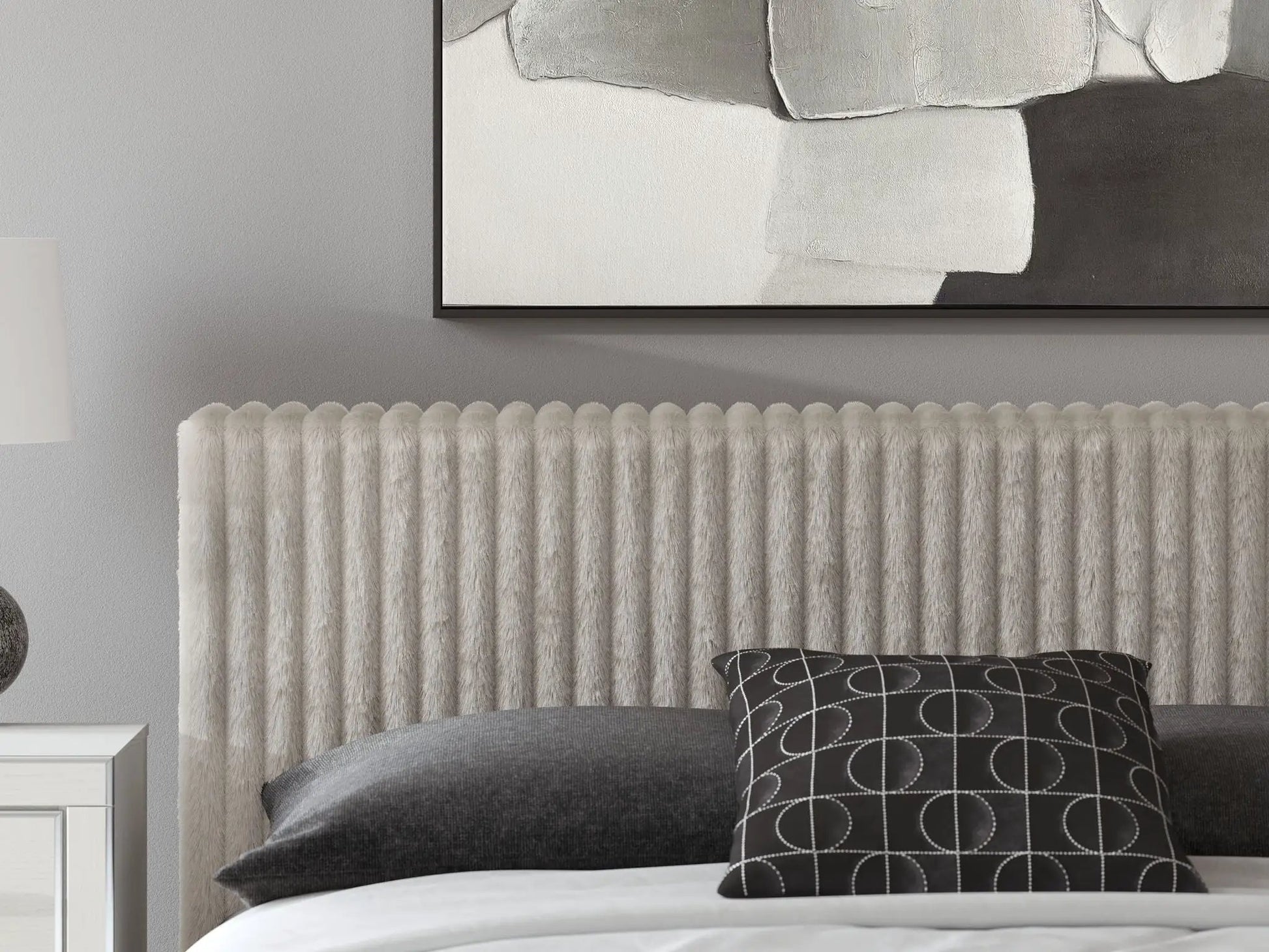 Zuraleus upholstered bed gray fabric with fur throw and black pillows on Tampa Home & Garden Store