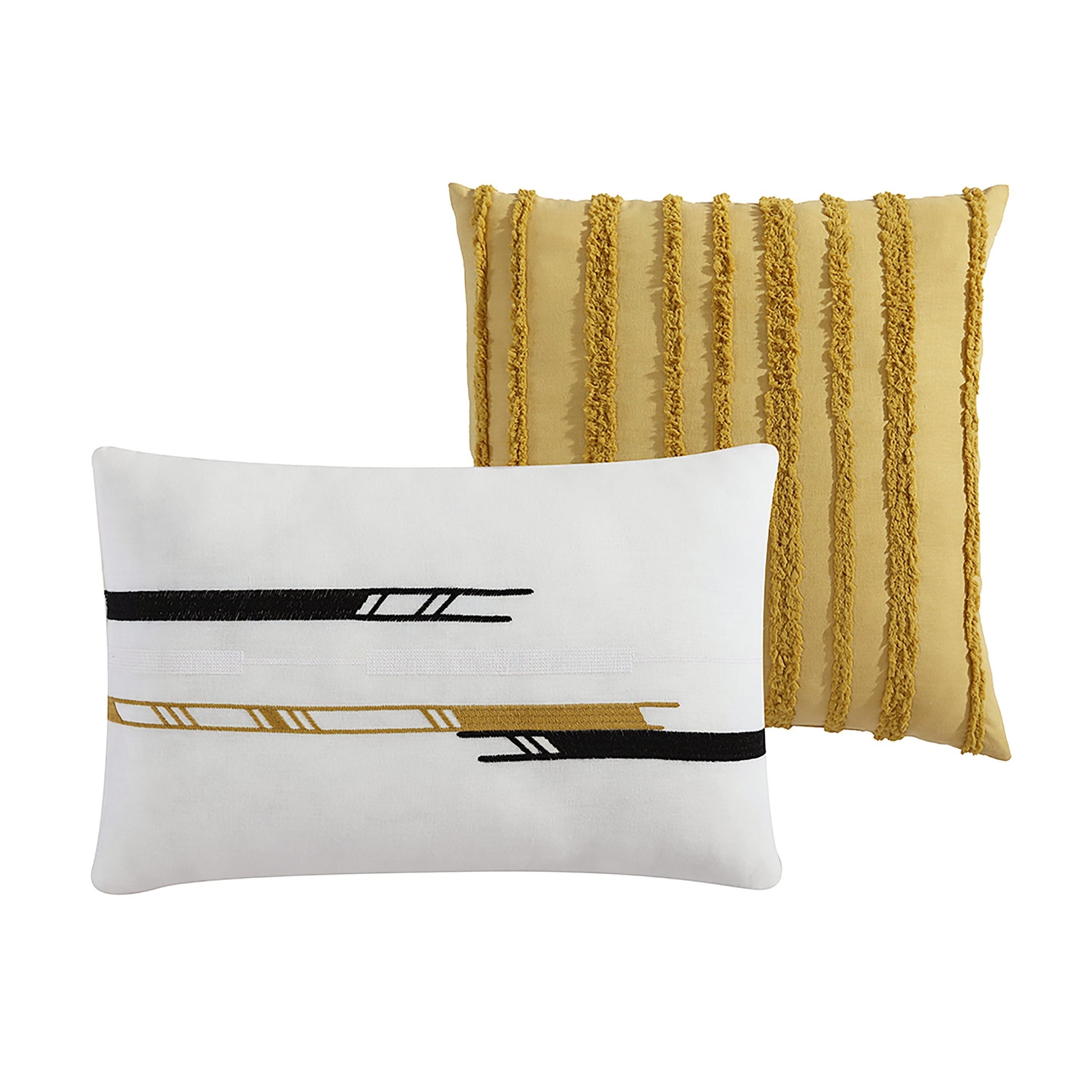 Whitten 6 PC King Comforter Cover Set mustard fringe pillow white shams with black stripes on Tampa Home & Garden Store