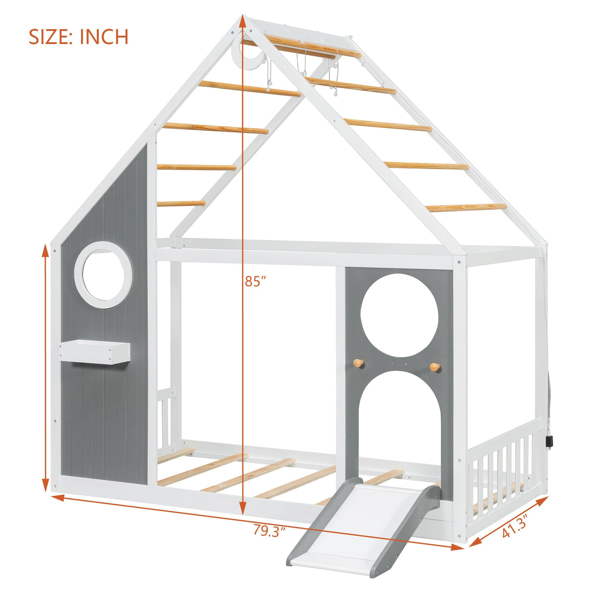 Twin House Bed gray frame with slide, ball light strip, circular panels by HouseOfZazla on Tampa Home & Garden Store