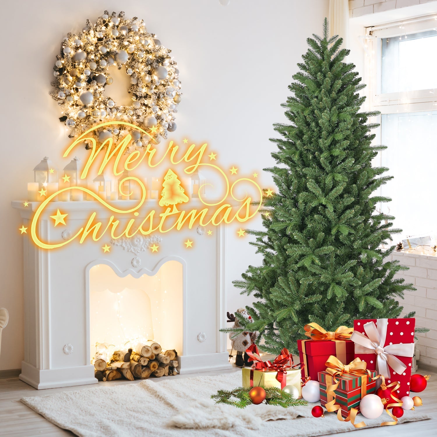 6ft artificial Christmas tree with 1168 branch tips beside Merry Christmas sign on Tampa Home & Garden Store