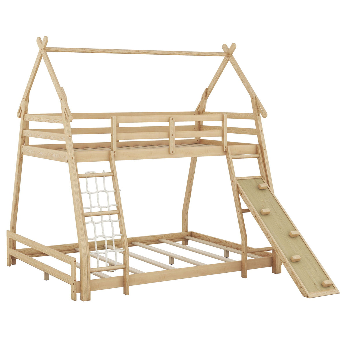 Twin over queen bunk bed frame by HouseOfZazla in natural wood with climbing nets and ramp on Tampa Home & Garden Store