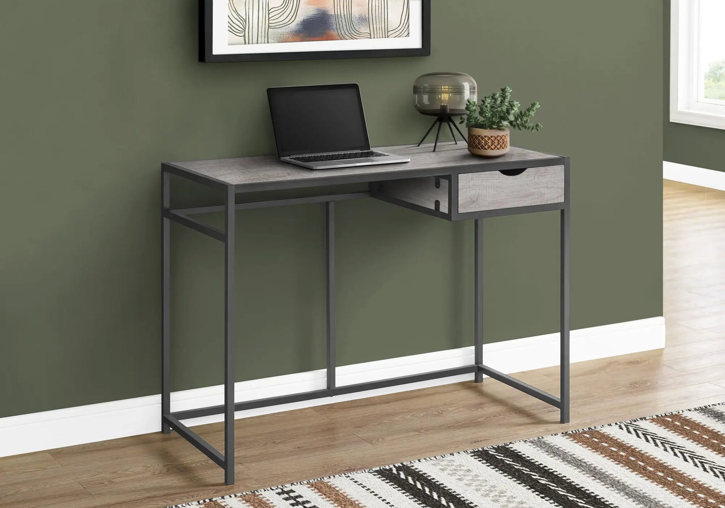Computer desk for home office with 1 storage drawer, dark metal frame and light wood top on Tampa Home & Garden Store
